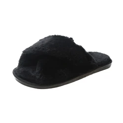 Winter Home Slippers Shoes Ladies Cross Soft Plush Furry Female Open Toe Slides Women Warm Faux Fur Slippers