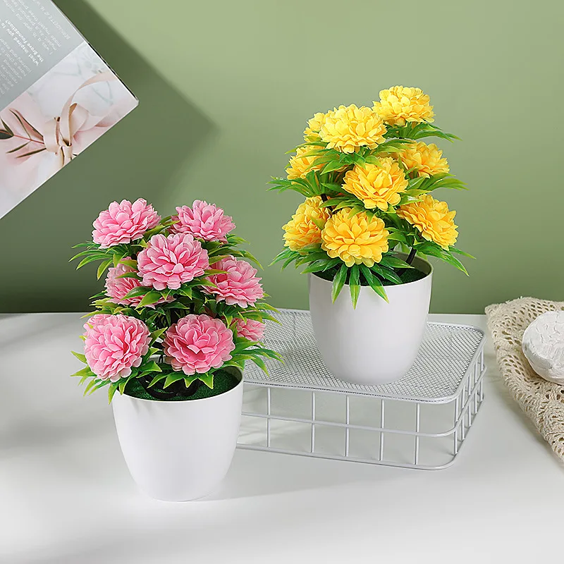 1Pc Artificial Chrysanthemum Bonsai Potted Plant Landscape Home Floral Decor Garden Mini ornaments Fake Plants Potted for Home