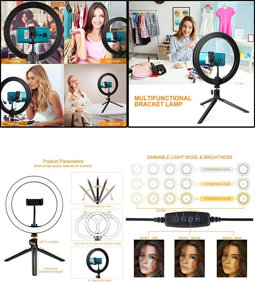 6/8/10/12 Inch Selfie Photo YouTube Video LED Ring Light with Flexi Phone Clamp & Stand for Makeup Live