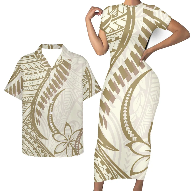 Polynesian Dress and Hawaiian Shirts Couple 2 Pieces Set Women Cheap Wholesale Premium Custom Wedding Dresses Women Lady Elegant