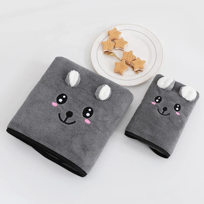 Household Adult Soft Cute Bear Custom Microfiber Coral Fleece Absorbent Non-shedding Bath Towel Set With Ears