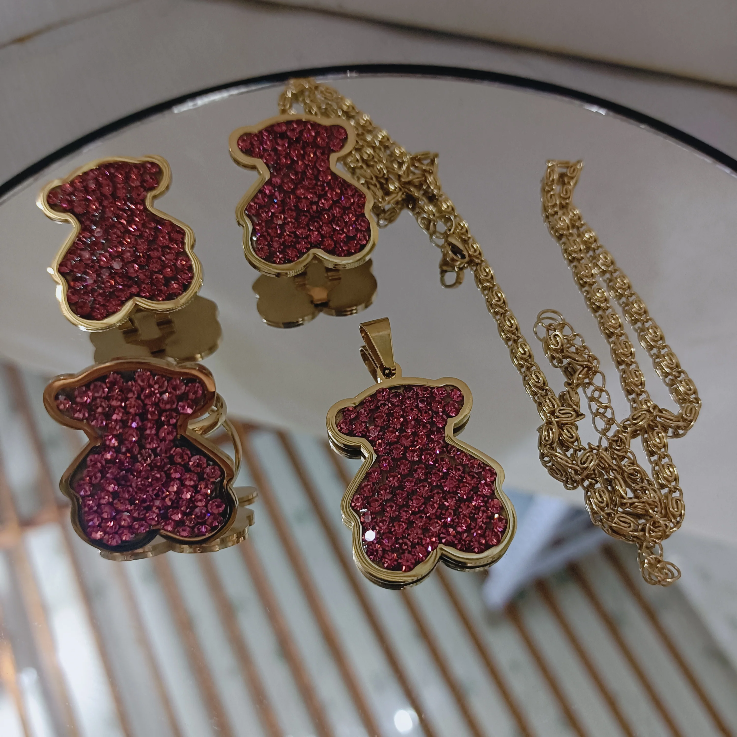 18 K Gold Plating Diamond Heart Bear Stainless Steel Jewelry Set for Woman with Finger chain