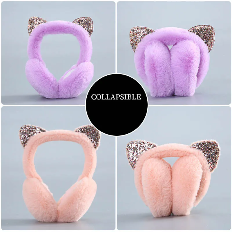 Winter Glittering Sequins Cat Ear Warmer Cute Soft Faux Fur Wool Earmuffs Headband Plush Foldable Ear Muffs For Women Girls
