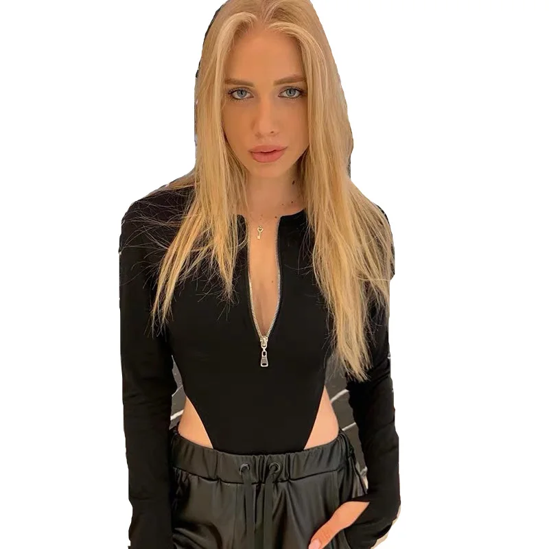 Womens Long Sleeve Bodysuit Stretch Ladies Body Tops Deep Zipper V neck Jumpsuit
