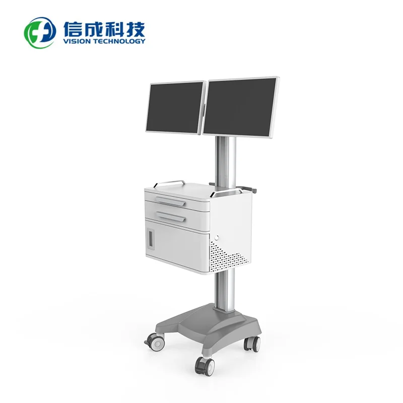 Hospital Medical trolley Laboratory computer trolley, mobile trolley with monitor arm supporting 2 screens and equipment