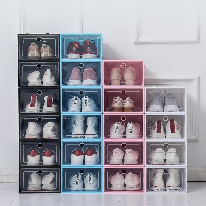 Foldable transparent shoe box plastic storage drop front sneakers clear stackable organizer