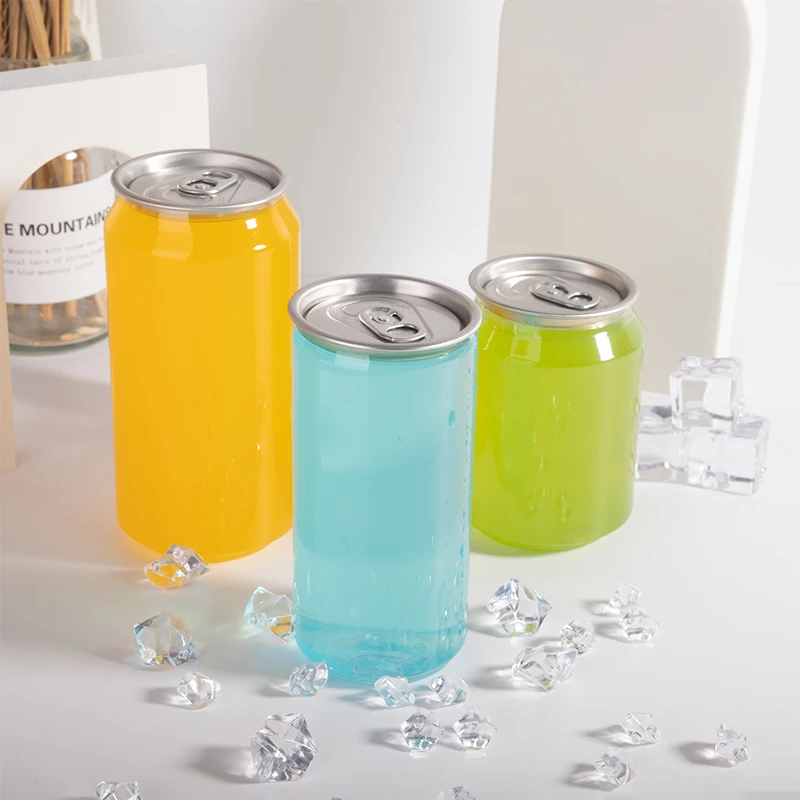 in Stock Easy Open 250ML-700ML Pet Plastic Beverage Cans 330ML-650ML Pet Soda Cans with Aluminum Lid