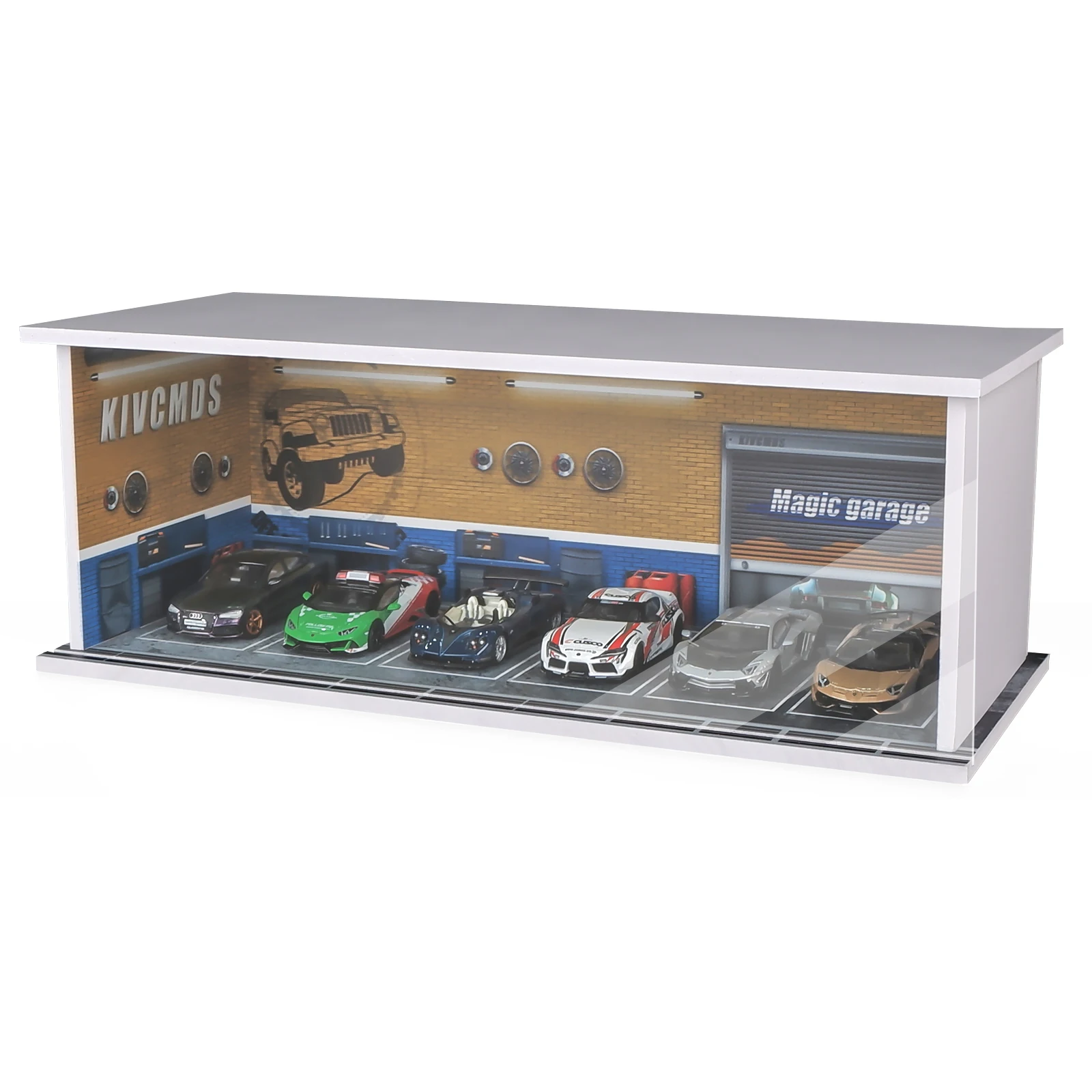 Kivcmds 1:64 Scale Car Model Display Case Matchbox Cars Parking Lot with Lights(Repair Store Scene)