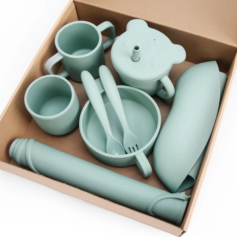 Factory Kids Tableware Feeding Set Baby Silicone Sippy Cup Placemat Bib Dish Suction Baby Silicone Bowl Plate With Spoon