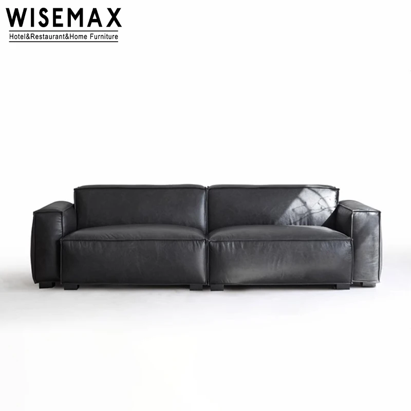 WISEMAX FURNITURE Italian Minimalist sofa sets pine wood down filled genuine leather living room modular couch 4 seats for villa