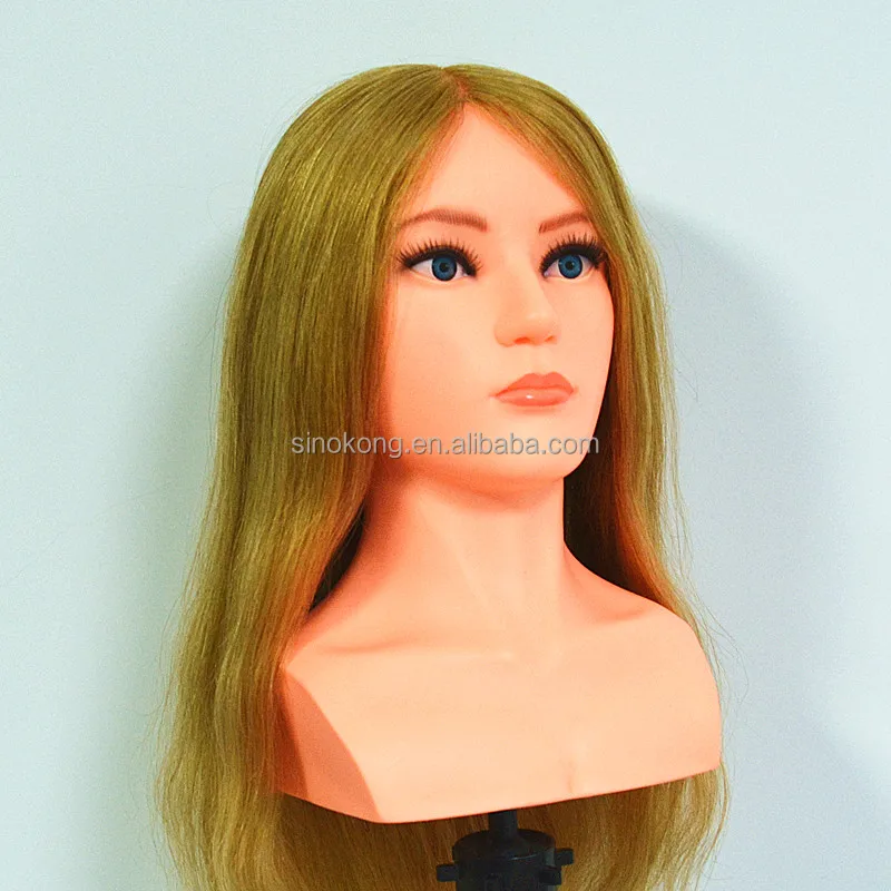 Wholesale Gold color eyelase natural hair training mannequin head with shoulder for hairdressers
