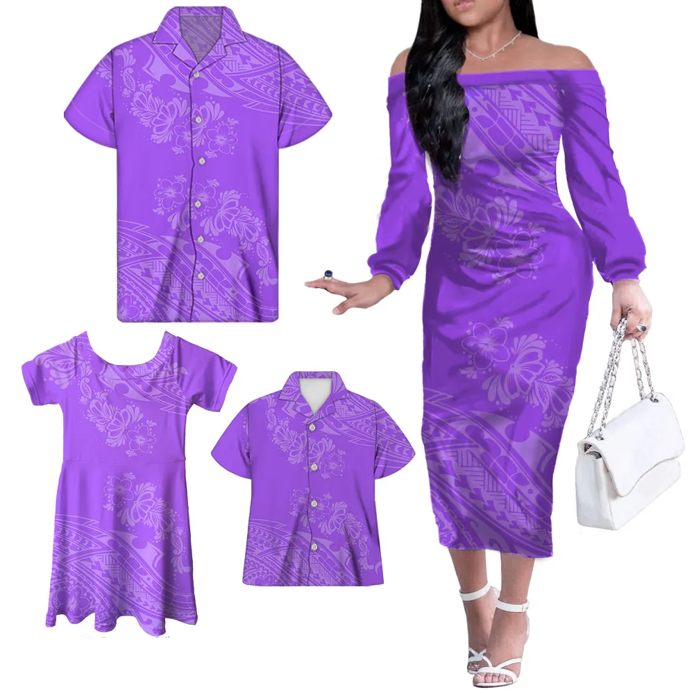 Red Polynesian Family Set 4pcs Set Unique Gifts For MOM Daddy Kids Polyester Off Shoulder Long Dress Little Girl Skrits Set