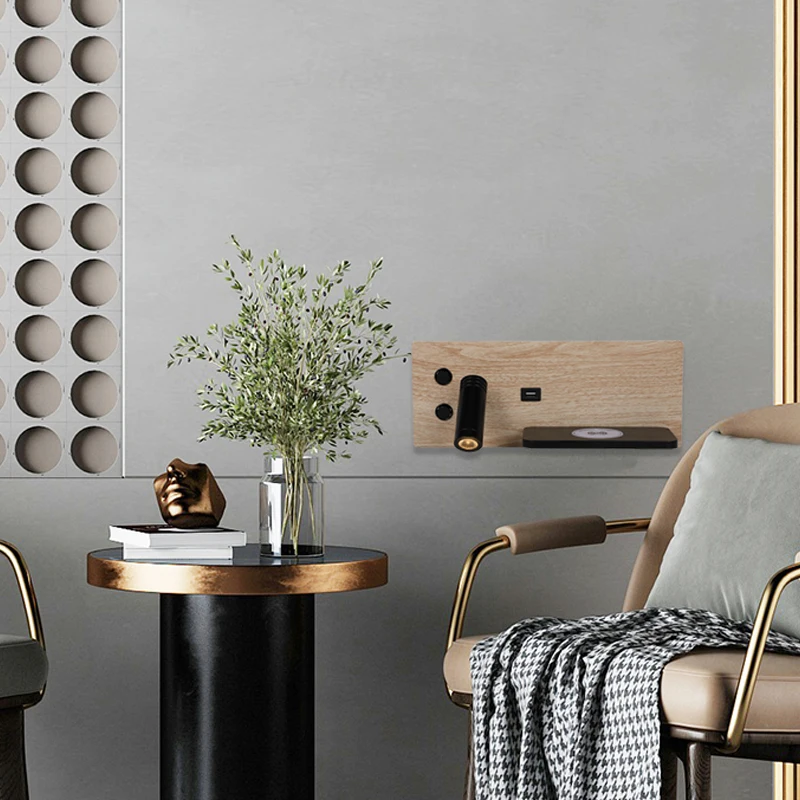 Bedroom wall lamp ON OFF switch wooden wall lamps wireless charger  USB port reading wall lamp