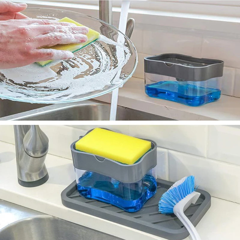 Kitchen Pump Sponge Caddy 2 In 1 Countertop Wash Sponge Holder Liquid Box Manual Press Dish Soap Dispenser