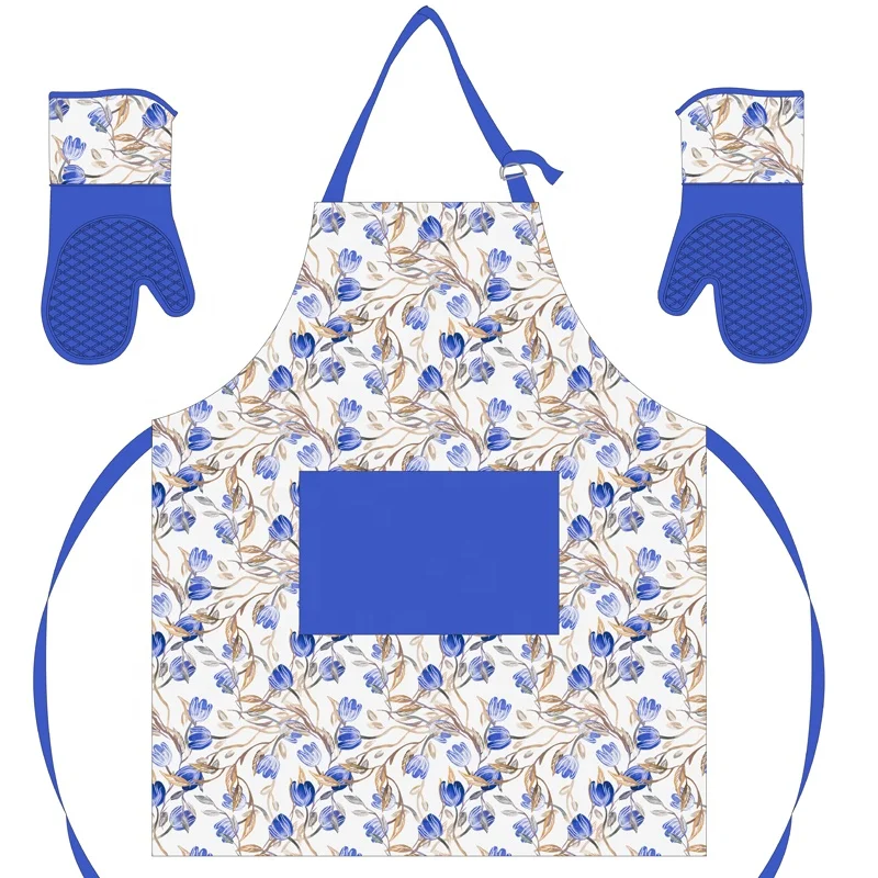 Printed  oven mitts Apron set cotton light blue custom image kitchen textiles apron kit with oven gloves oil proof