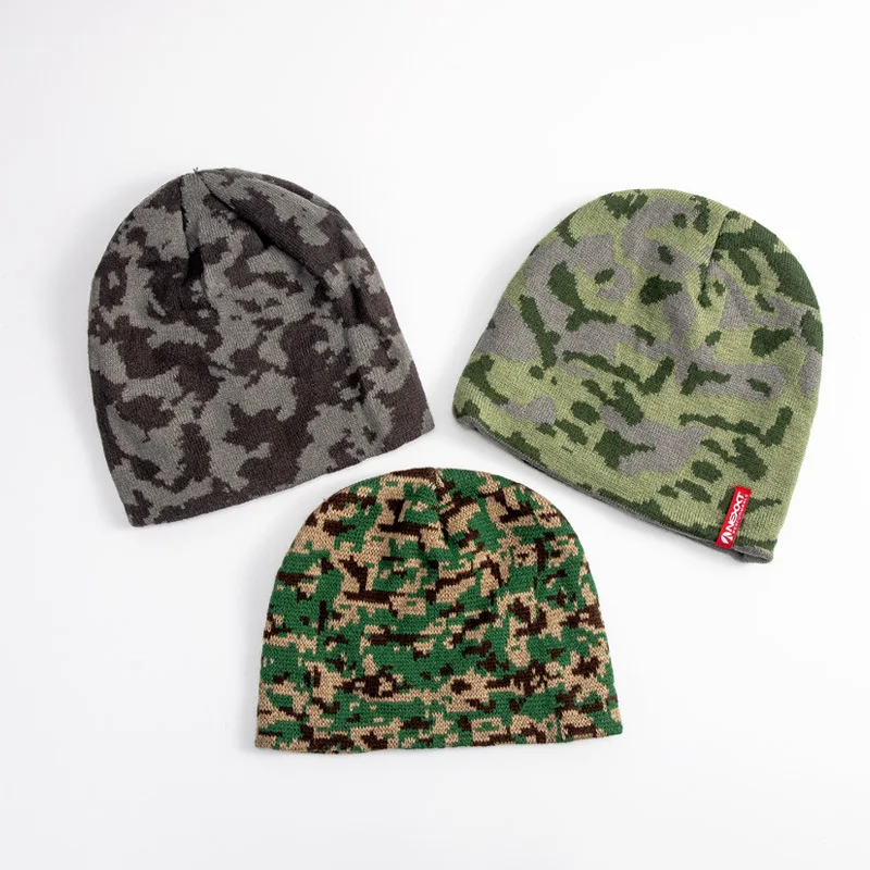 Custom Outdoor All Over Print Jacquard Camouflage Winter Bonnet Knit Cap Sports Cuffless Beanie Hat