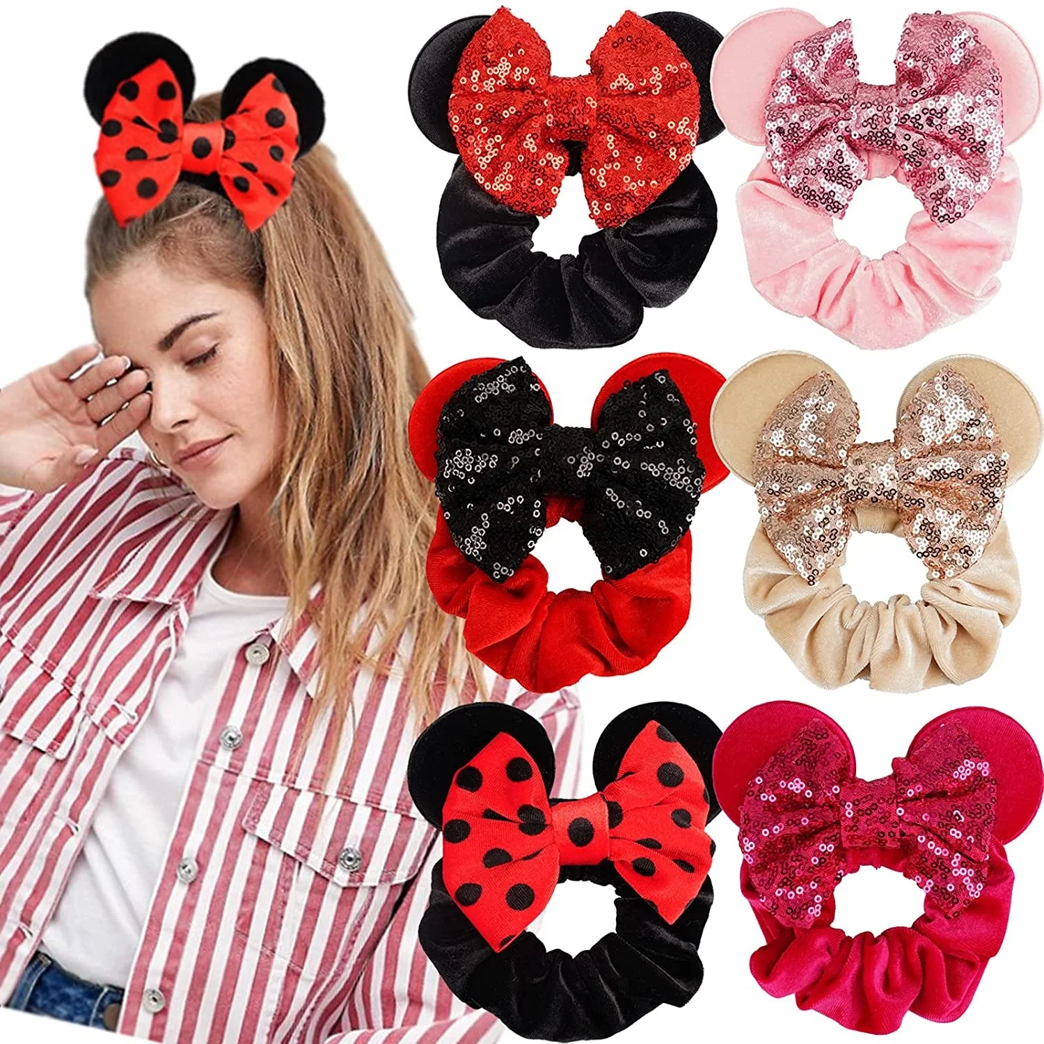 OKAY Mouse Ears Scrunchies Velvet Sequin Bows Hair Ties Elastic Rubber Bands Ponytail Holders for Women Girls Adult Kids