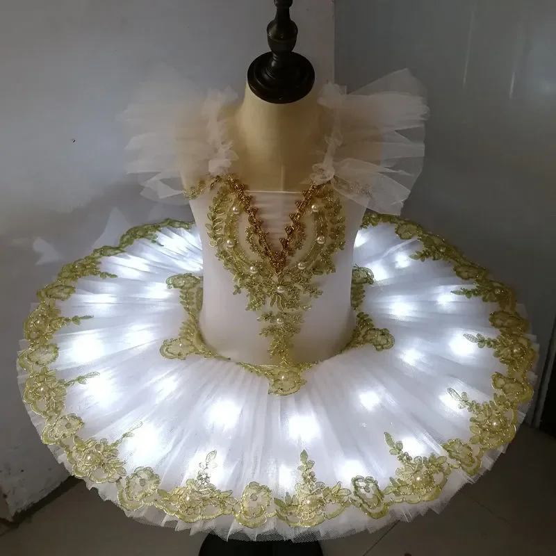 New Style Stage Performance White Flower LED Swan Lake Girl Leotard Professional Ballet Tutu Dress