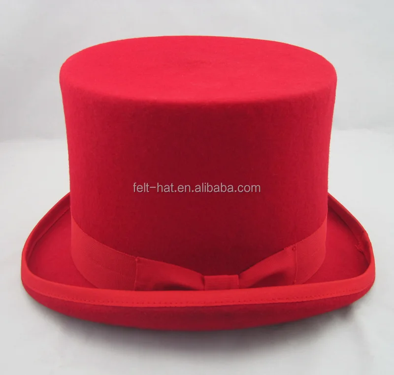 Festival 100% wool felt red top hat with feather trim