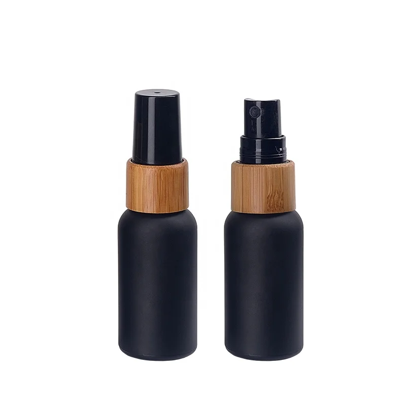 30 ml matte black bottle 1 oz frosted black glass bottle empty cosmetic bottle sprayer with 18/415 bamboo spray pump