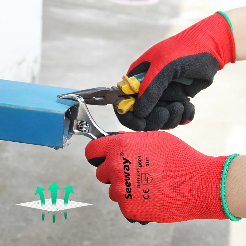 Seeway Red and Black Working Crinkle Latex Palm Gloves Latex Coated Gloves