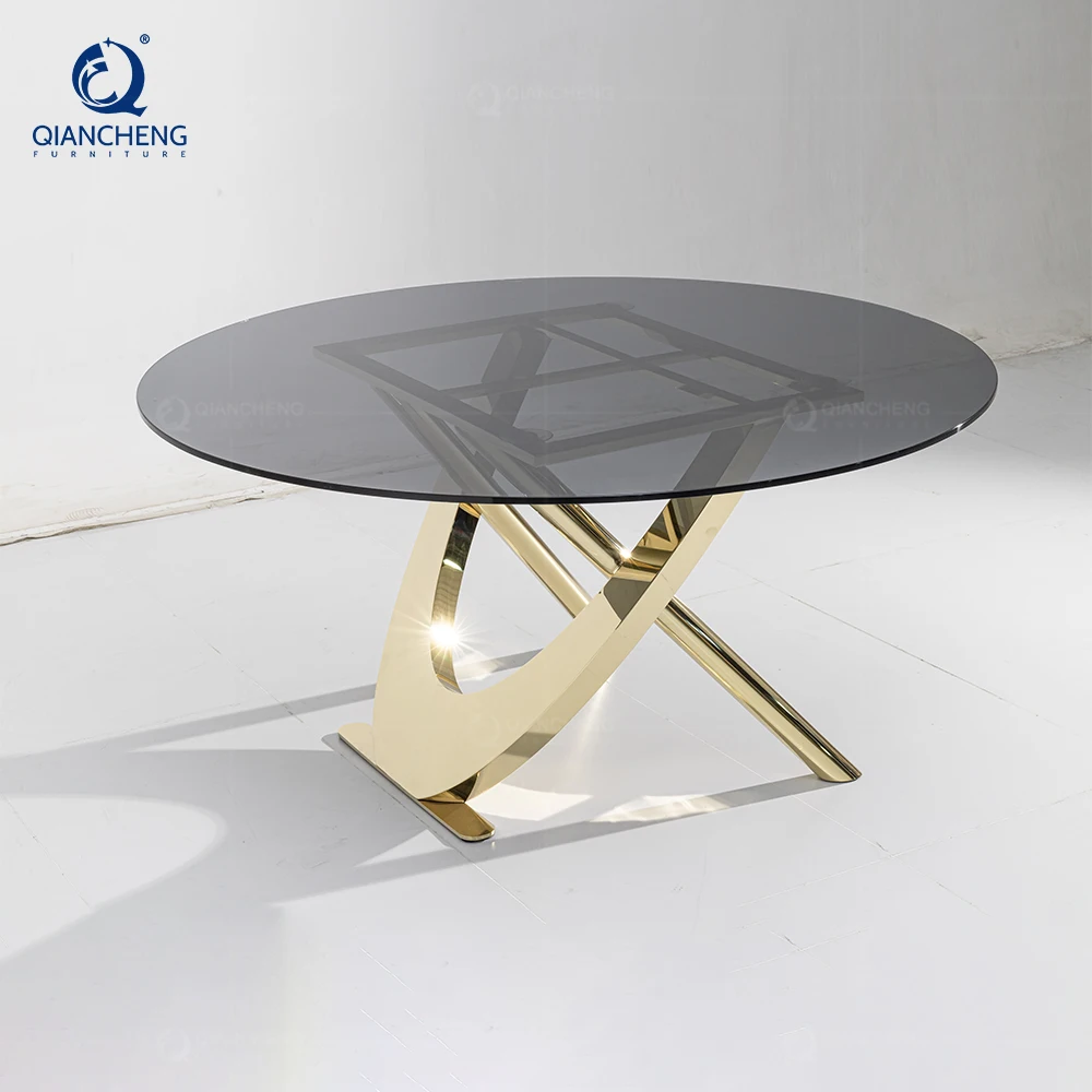 High end customization furniture luxury mini dining table set round dinning room gold furniture glass table