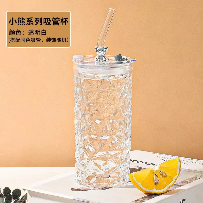 Bear series glasses with straw cups cute office cups milk cups to drink 400ml bottles