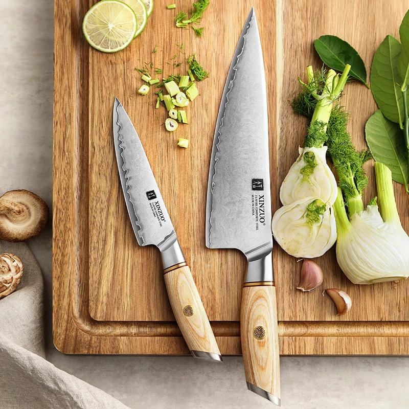 XINZUO 2PCS Kitchen Chef Knife Set 3 Layers Composite Stainless Steel Pakka Wood Handle