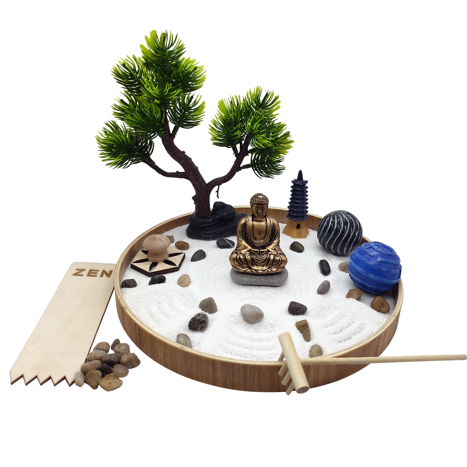 Mini Zen sand garden peaceful  home office decor round tray resin pattern ball stones decoration sand zen feng shui Zen Garden