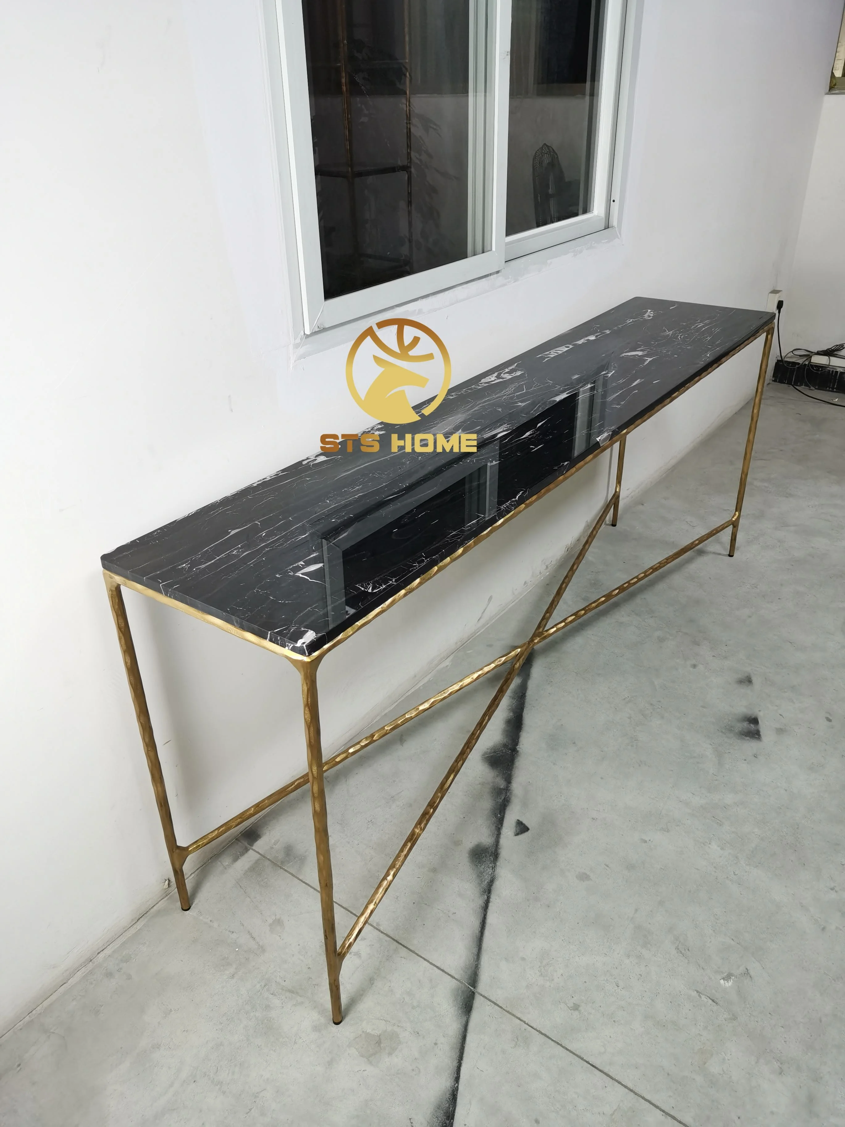 High-end custom hand forged brass base clear tempered glass marble tabletop console table luxury handmade thaddeus console table