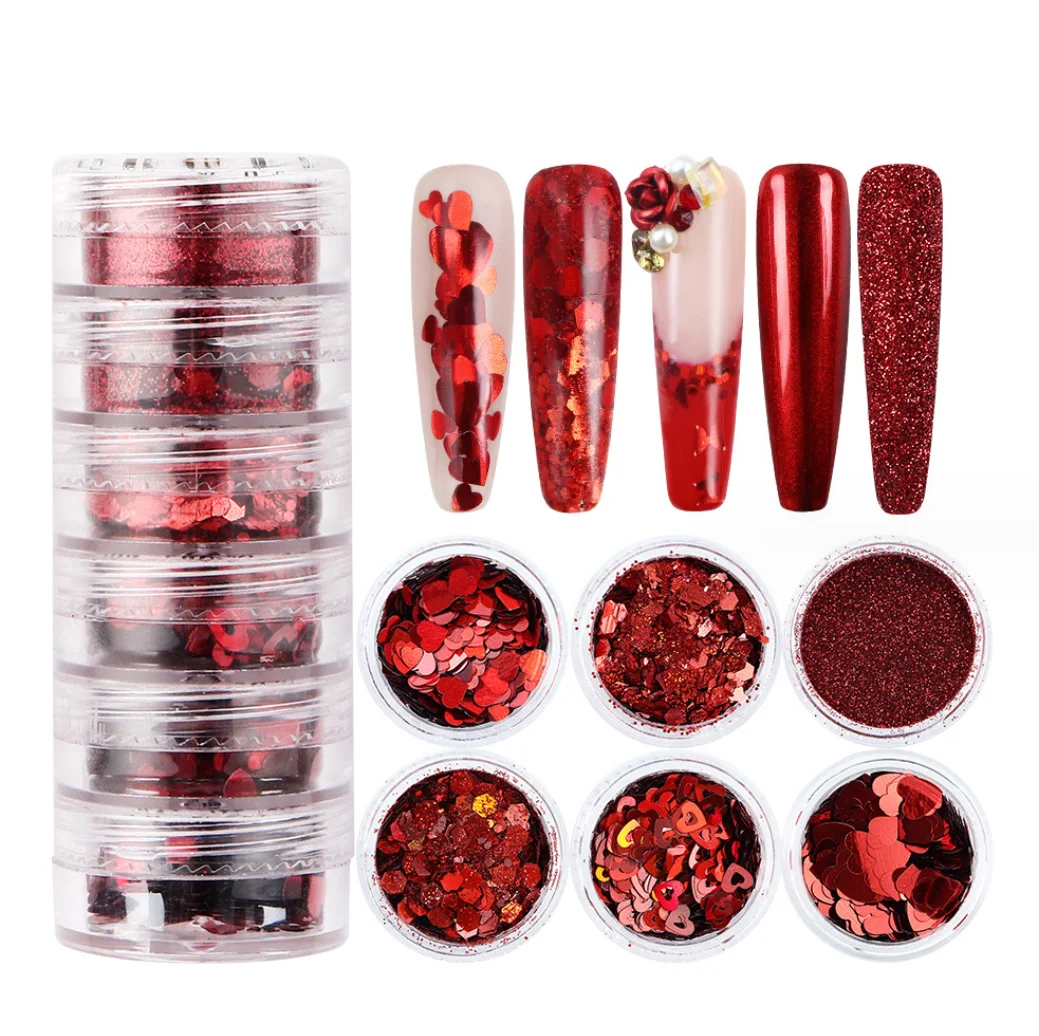 New 6 Color Colorful Valentine Design Bottled Big Red Love Shining Mixes Shape Set New Year Nail Sequins