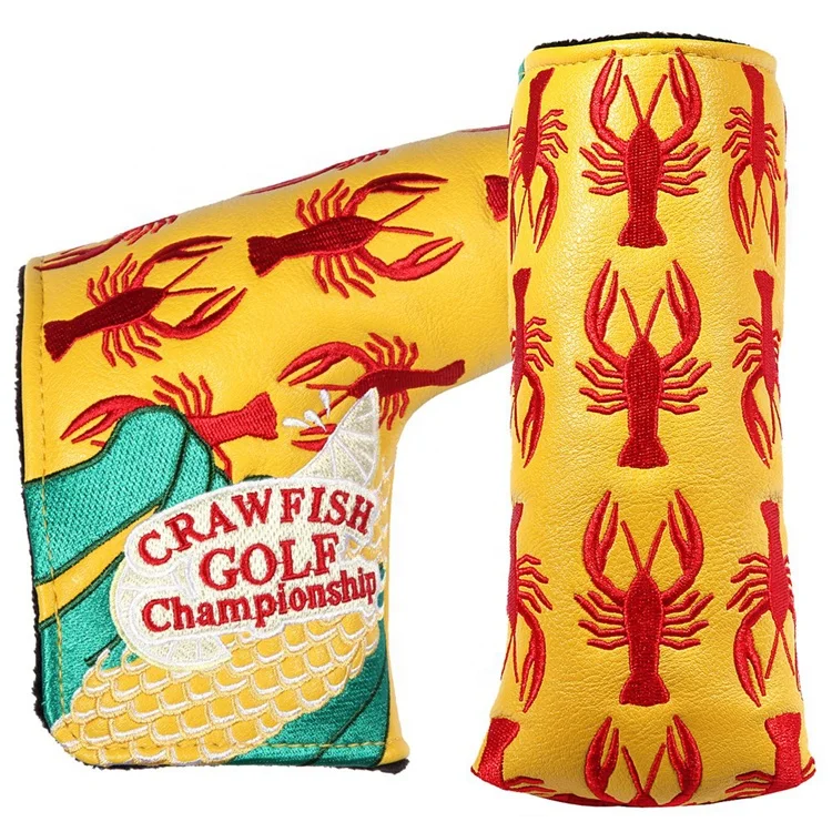 Drop-shipping Yellow PU Leather Lobster Crab Crayfish Embroidery Golf Blade Putter cover with Magnetic closure