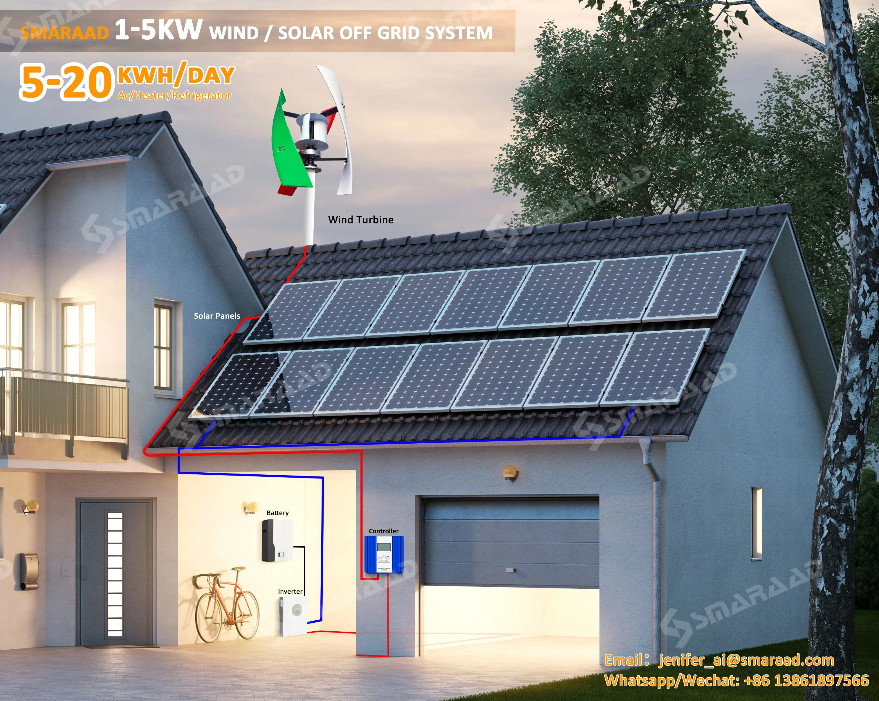 Smaraad 1kw 3kw 5kw 10kw Wind Solar hybrid System Vertical Wind Turbine Generator VAWT