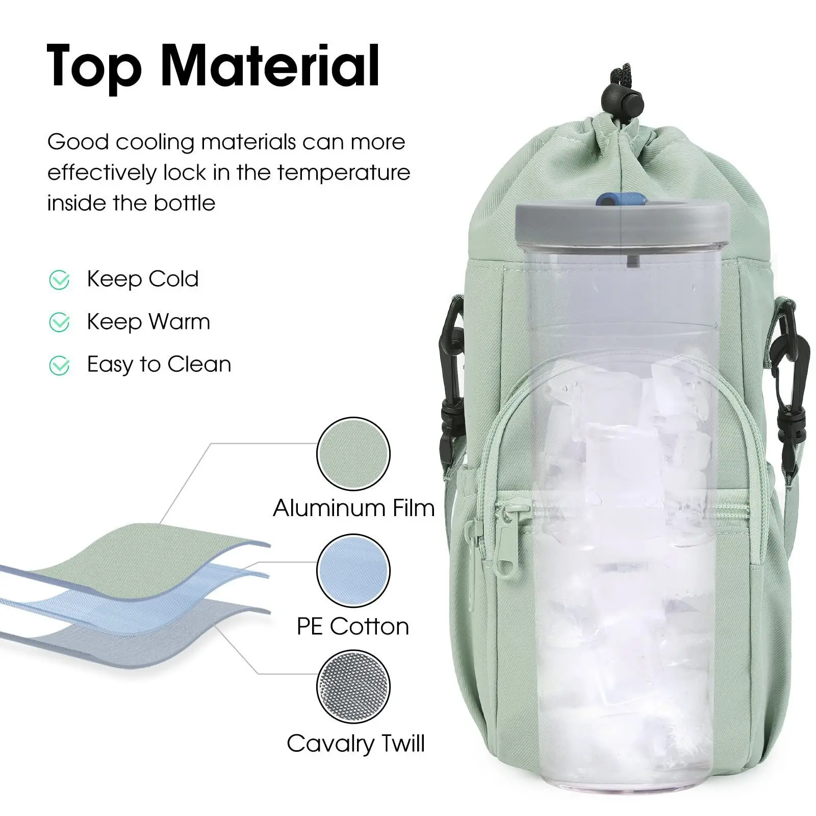 Water Bottle Holder Bag Pouch with Adjustable Strap Cute Silicone Straw Cover Topper Cap with front zipper pocket