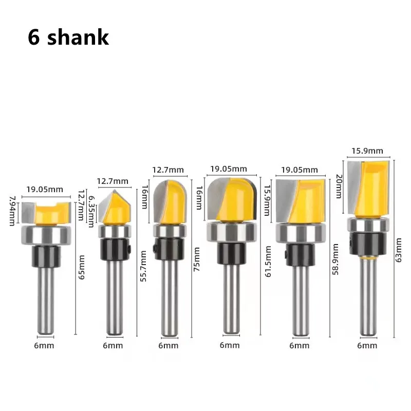 1/4 6 Shank Bearing Router Bit Pattern Bit V Type Ball Nose Clear Bottom Bits with Bearing Carbidetips Milling Cutter