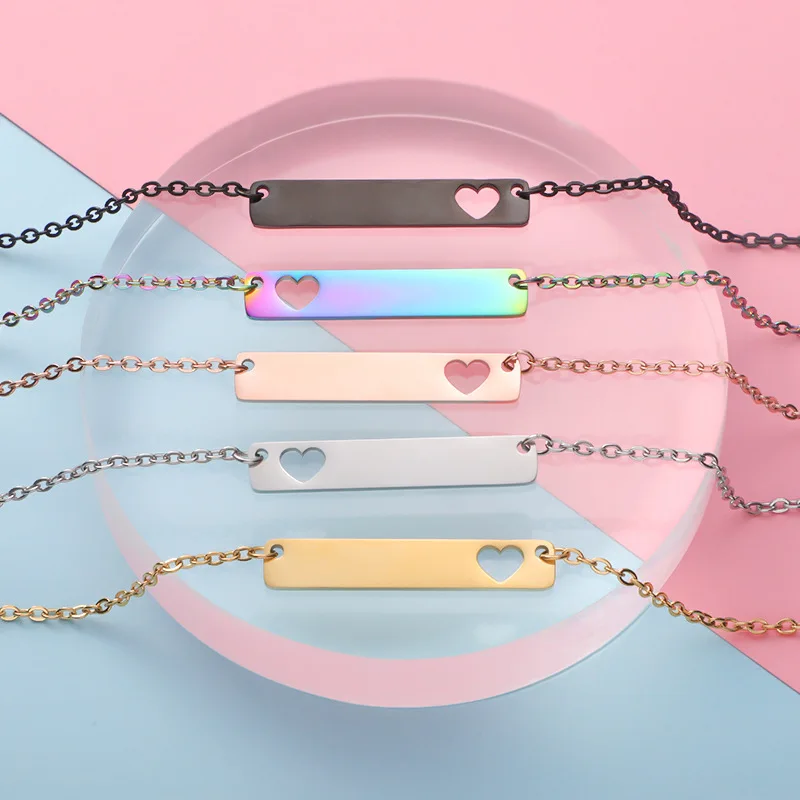 stainless steel PVD coated Flat bar with heart hole pendant necklace mostly high quality custom engraving jewelry
