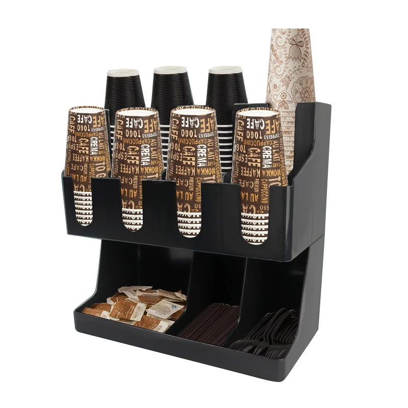 Coffee Cup Dispenser And Lid Holder with Straw and Condiment Pockets