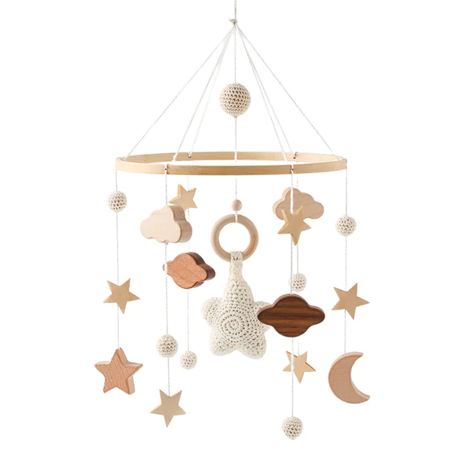 Hot Selling Stars and Moon hanging mobile bed bell simple wooden wind chime pendant baby room decoration