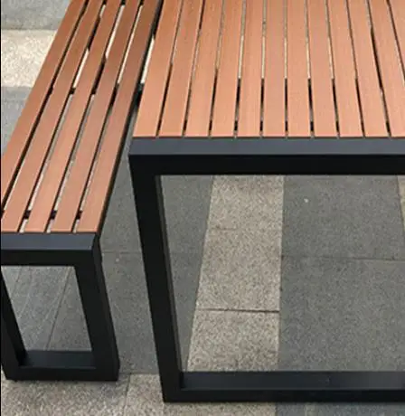 Outdoor Dining Set with Rectangular Metal Frame and Wood Like Tabletop Including 2 Chairs Bench Combining Plastic Wood Elements
