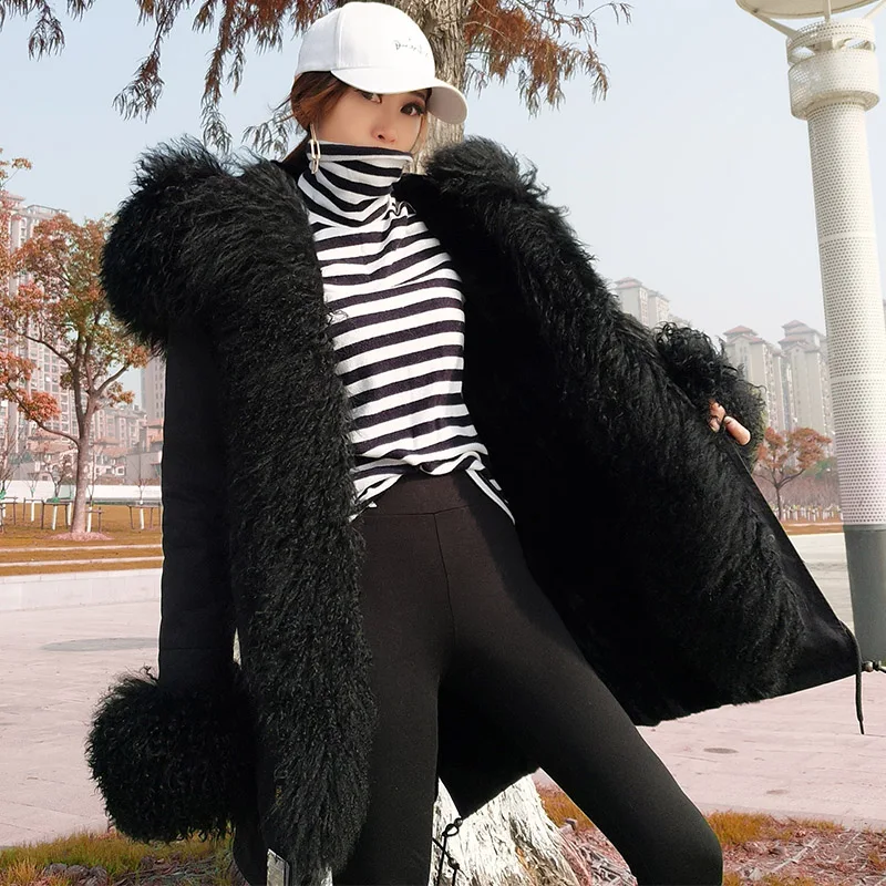 New Winter Removable Rabbit Hair Lining Extra Large Lamb Hair Collar Medium Long Thickened Fur Coat