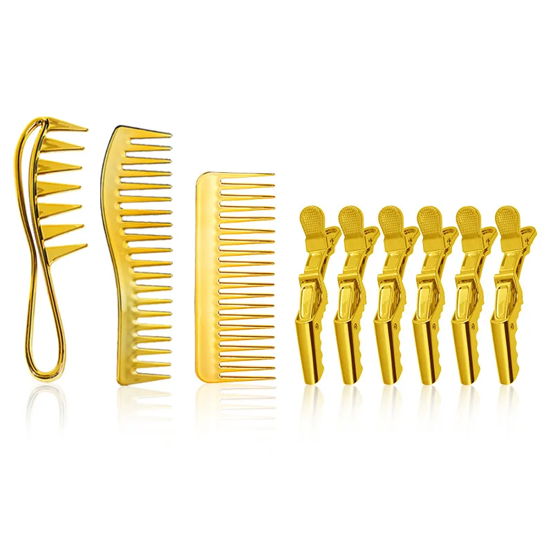 Portable 3 Styles Gold Wide Tooth Comb Home Massage Scalp Duck Clips Positioning Clip Hairbrush Combs Set
