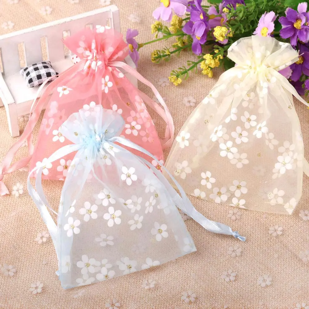 17*23cm High Quality Aromatic Perfume Sweet Flowers Print Organza Drawstring Pouch