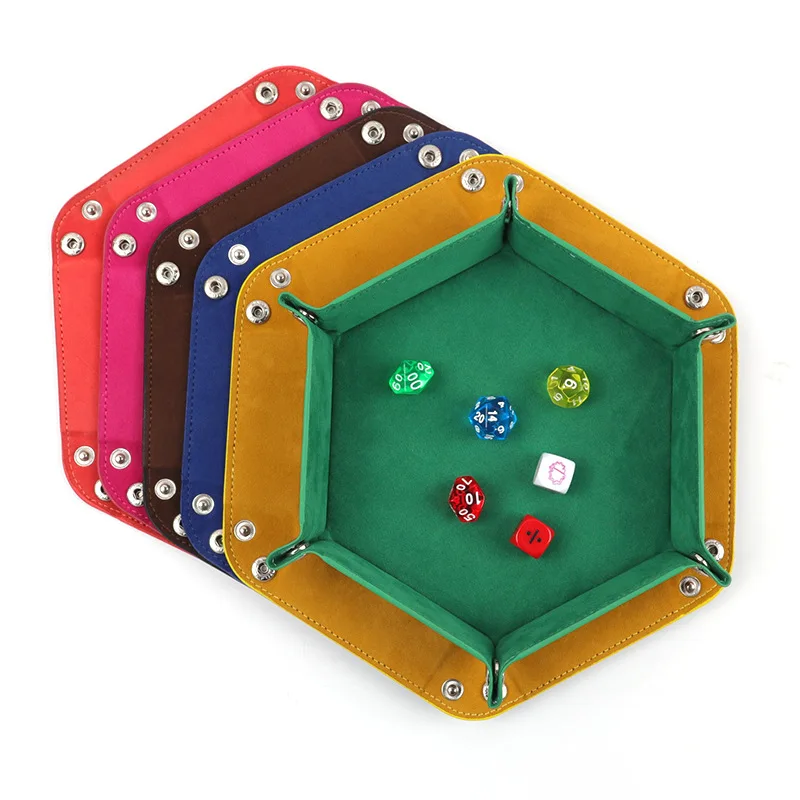 Rolling Folding Hexagon Dice Game Storage Tray Holder Double Sided Thick PU Leather&Velvet Dice Mat