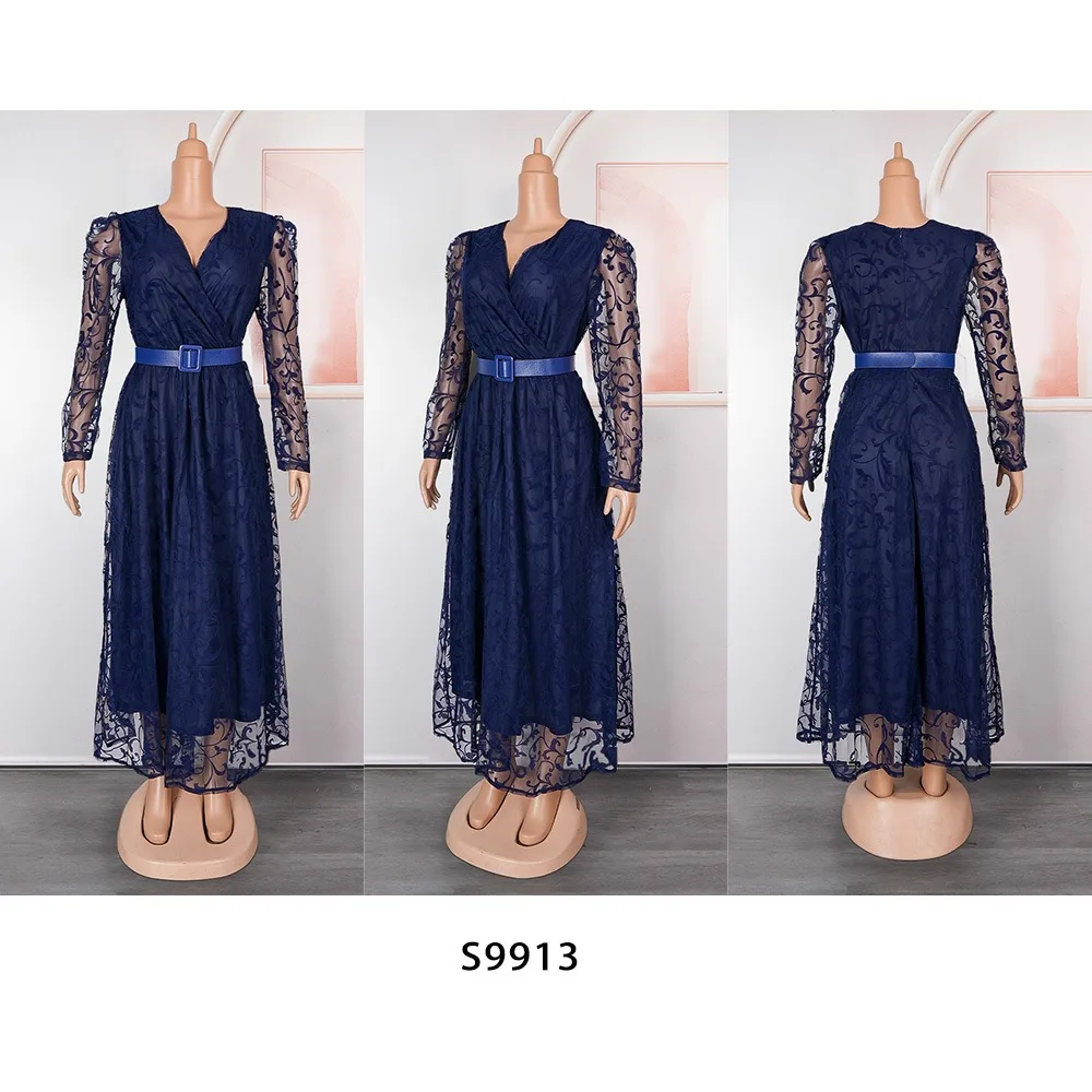 Modest African Elegant Luxury Dot Lace Long Sleeve Maxi Dress For Women K0409