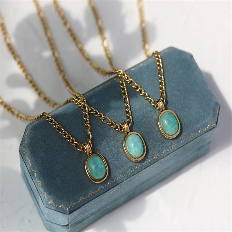 Unique Roman Holiday Mint Green Oval Jewelry Tianhe Stone Stainless Steel 18k Gold Plated Ellipse Pendant Necklace Baby Jewelry