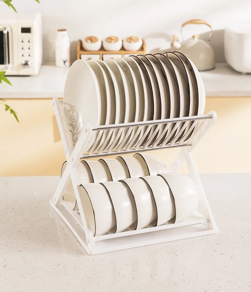 X-Type Plastic Double-Layer Kitchen Bowl Rack Multi-Functional Dish Storage and Tray Drain Holder for Tableware