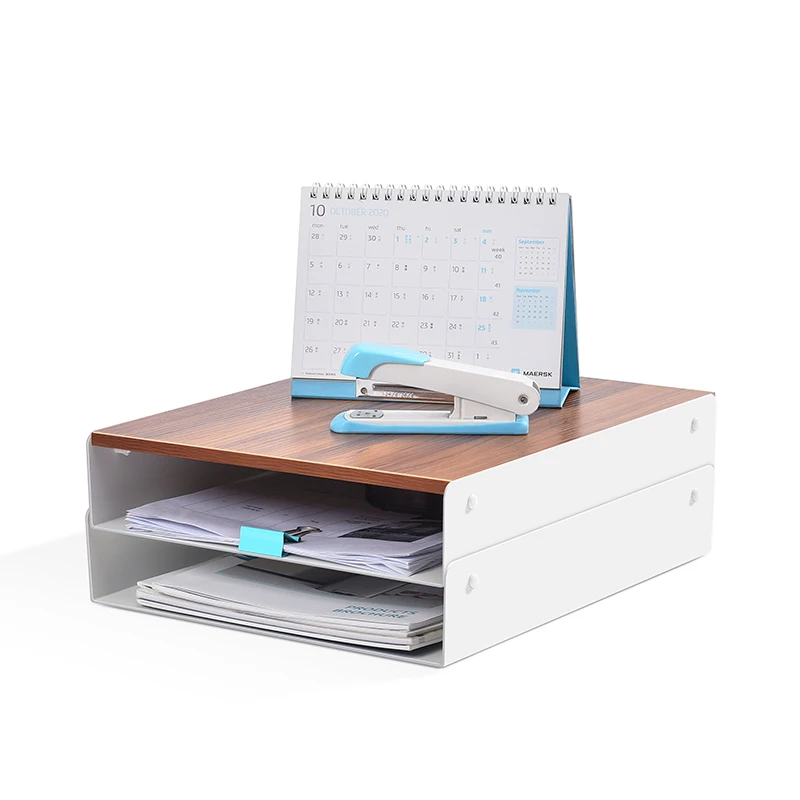 Wholesale Practical Folding Modern Desktop File Box Storage Steel and Wood 2 Tier File Organizer Storage Box