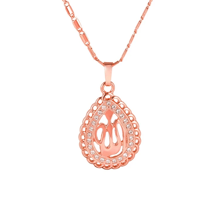 NK-200504 Teardrop Allah Islam Religious Totem Pedant Jewelry Rhinestone Inlay Hollow Muslim Prayer Necklace for Wholesale