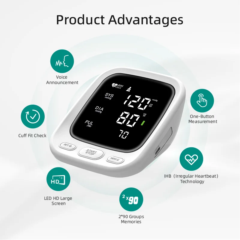 Customized LOGO Smart Electronic Voice Arm Cuff Blood Pressure Monitor Rechargeable BP Machine