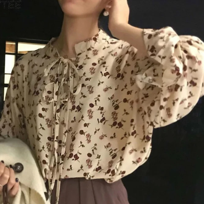 Custom Omen Fashion V Neck Printed Puff Sleeve Chiffon Blouse Tops